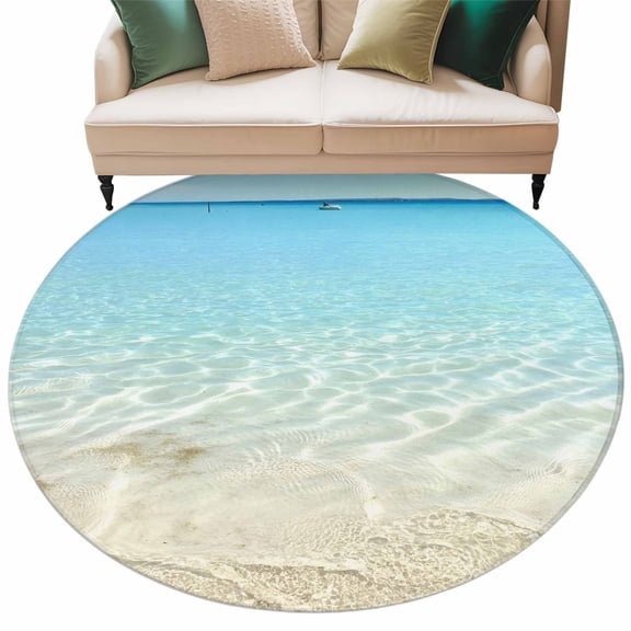 Ocean Turquoise Waves Area Rug, Seaside Beach Blue Sky Boat Washable Large Circle Carpet, Non Slip Round Rug for Living Room/Bedroom/Dining Room/Home Office/Dorm