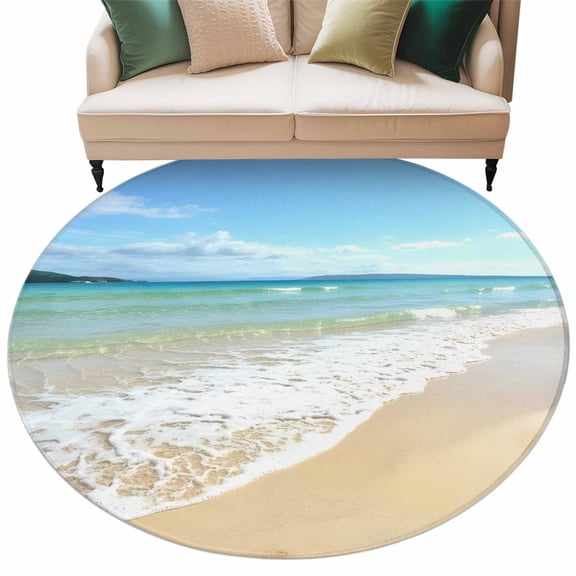 Ocean Turquoise Waves Area Rug, Seaside Beach Blue Sky Sand Washable Large Circle Carpet, Non Slip Round Rug for Living Room/Bedroom/Dining Room/Home Office/Dorm