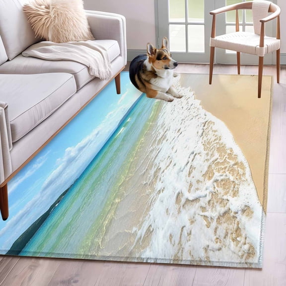 Ocean Turquoise Waves Area Rugs 4x6 ft Seaside Beach Blue Sky Sand Washable Rug Non Slip Indoor Carpet Absorbent Floor Mat for Living Room Bedroom Dining Room