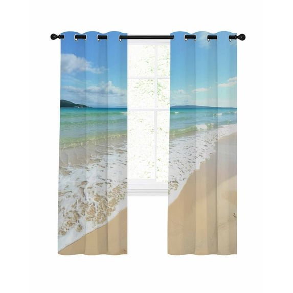 Ocean Turquoise Waves Blackout Curtains for Bedroom Living Room, Seaside Beach Blue Sky Sand 63 In Long Thermal Insulated Room Darkening Drapes Grommet Window Treatments, 52 x 63 In