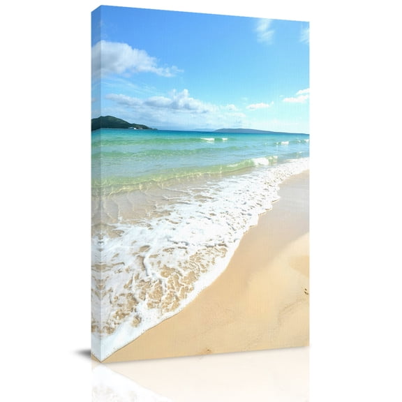 Ocean Turquoise Waves Canvas Wall Art for Living Room, Seaside Beach Blue Sky Sand Wall Decor Framed Artwork Pictures Ready to Hang for Bedroom Office Home Decor