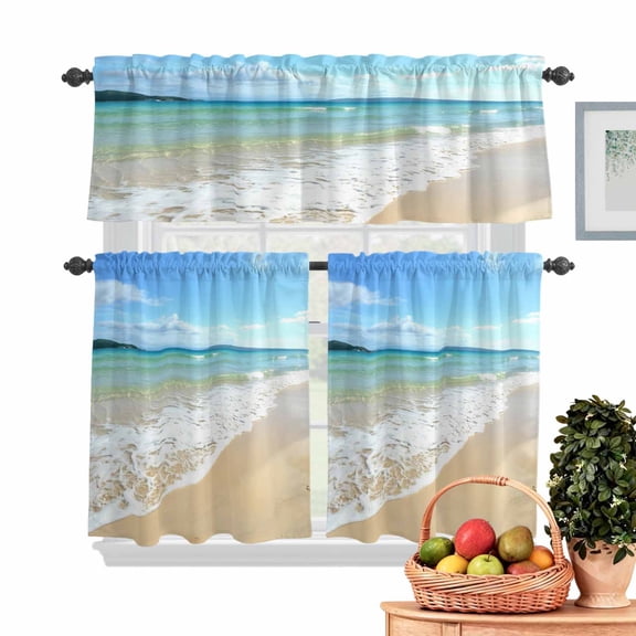 Ocean Turquoise Waves Kitchen Curtains Valances 3 Piece Set, Seaside Beach Blue Sky Sand Rod Pocket Tier Curtain and Valance Drapes for Small Window 36 Inch Length for Bedroom Cafe