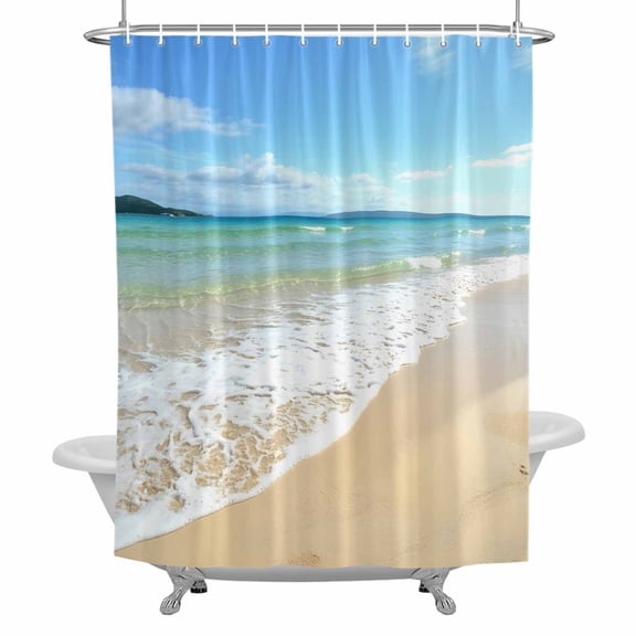 Ocean Turquoise Waves Shower Curtain for Bathroom, Seaside Beach Blue Sky Sand Waterproof Cloth Fabric Bathroom Accessories Set with 12 Rust Proof Plastic Hooks, 36"x78"
