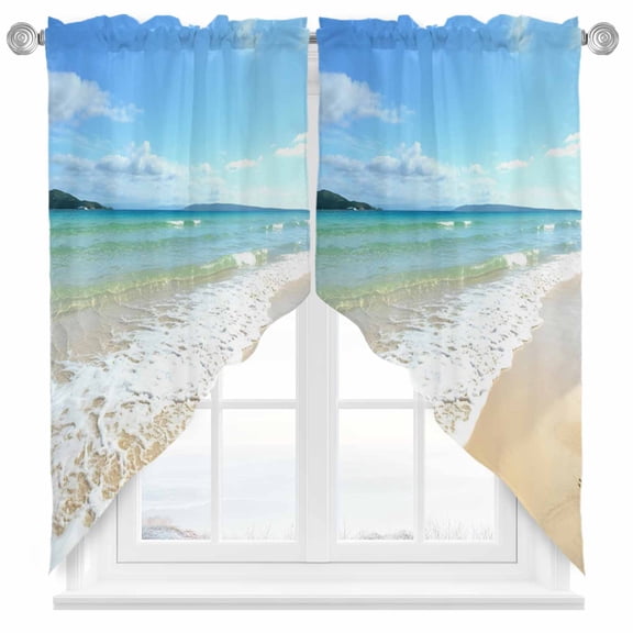 Ocean Turquoise Waves Swag Kitchen Curtain Valances, Seaside Beach Blue Sky Sand Rod Pocket Curtains Window Treatment Decor Valances for Bedroom Bathroom, 2 Panels 28 x 36 Inch