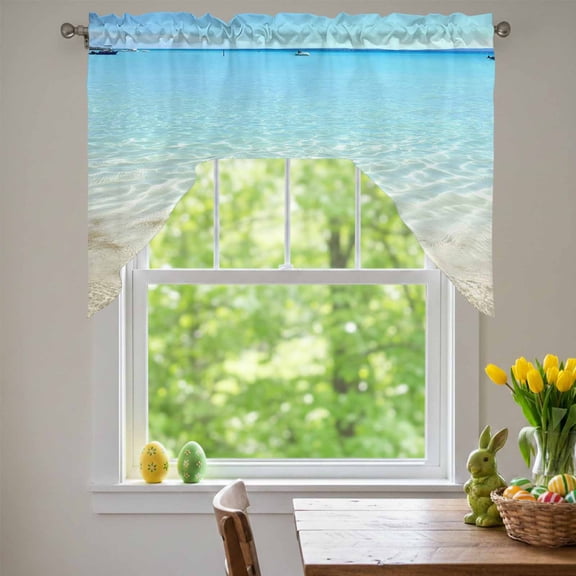 Ocean Turquoise Waves Swag Valances for Kitchen Window, Seaside Beach Blue Sky Boat Small Swag Valances Rod Pocket Curtain Drapes Window Treatment for Bedroom Bathroom, 56x36 Inch