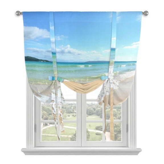 Ocean Turquoise Waves Tie Up Curtain for Window, Seaside Beach Blue Sky Sand Adjustable Tie Up Balloon Curtain Valances Rod Pocket Window Treatment for Kitchen Bathroom Bedroom 42"x63"