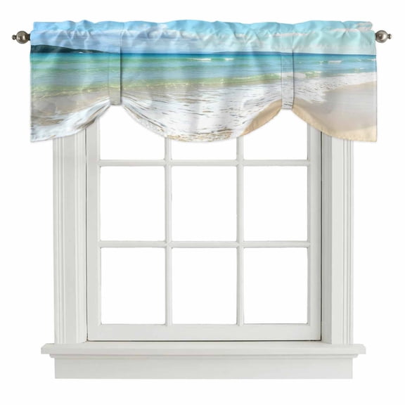 Ocean Turquoise Waves Tie Up Valances Curtain, Seaside Beach Blue Sky Sand Adjustable Rod Pocket Short Window Treatment Tie Up Curtains Valances for Kitchen Living Room Bathroom 54x18 Inches