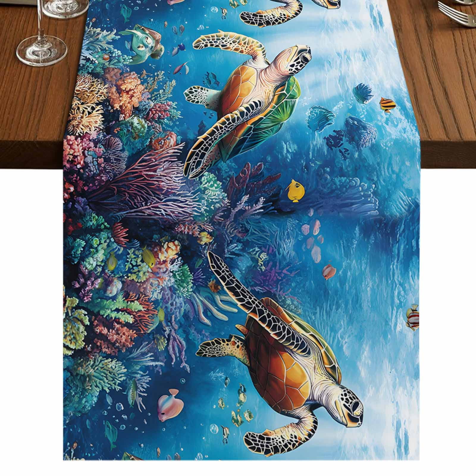 Ocean Turtle 108 Inch Table Runner, Sea Coral Underwater Animal Fish ...