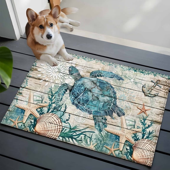 Ocean Turtle 2x3 Area Rugs for Living Room, Retro Coral Starfish Anchor Coastal Wood Non Slip Floor Mat Washable Low-Profile Indoor Carpet for Bedroom, Dining Room, Bathroom