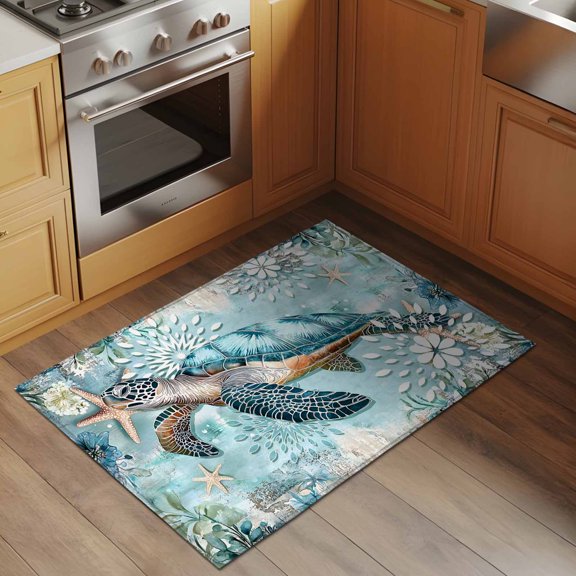 Ocean Turtle 2x3 Rug for Entryway Front Door Kitchen Sink Area, Nautical Retro Blue Starfish Sealife Low Pile Washable Non Slip Rectangle Area Rug