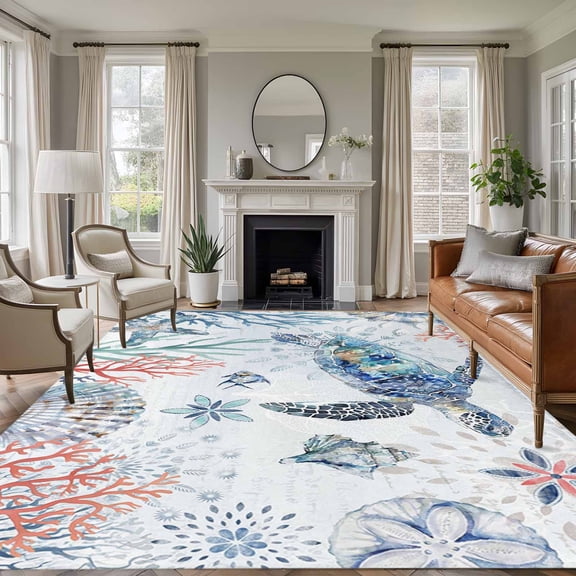 Ocean Turtle 6'x9' Area Rug for Living Room, Summer Coastal Coral Flower Shells Washable Non-Slip Floor Mat Rugs for Bedroom Dining Room, Indoor Large Carpet for Classroom, Nursery Rugs for Playroom