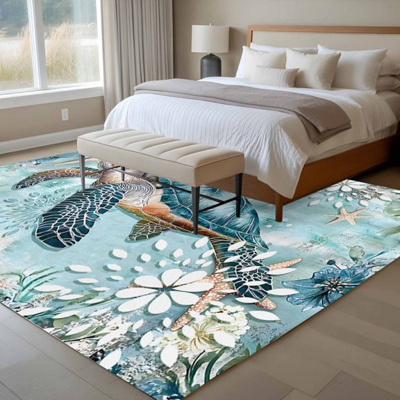 Ocean Turtle 6x9 Rug for Dining Room Table and Chair Setup, Nautical Retro Blue Starfish Sealife Low Pile Washable Non Slip Rectangle Area Rug