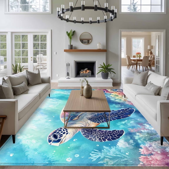 Ocean Turtle 8x10 Area Rug for Living Room Sectional Sofa, Nautical Watercolor Blue Sea Coral Starfish Bubble Washable Non Slip Large Rectangle Area Rug