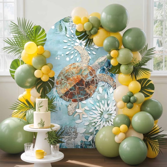Ocean Turtle Arch Backdrop Cover, 6FT, Retro Blue Nautical Starfish Sealife Spandex Arch Covers Double-Sided Backdrop for Wedding Birthday Party Photo Background Decoration