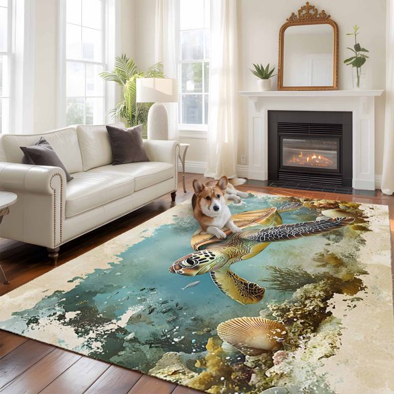 Ocean Turtle Area Rug 5x8 FT, Non Slip Bedroom Throw Carpet, Coastal Coral Illustration Retro Painting Washable Soft Floor Carpet Non-Shedding Rug for Living Room Nursery Dorm Office