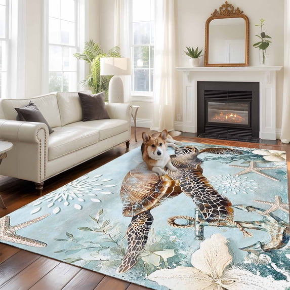 Ocean Turtle Area Rugs 5x7 ft Retro Marine Life Starfish Coral Washable Rug Non Slip Indoor Carpet Absorbent Floor Mat for Living Room Bedroom Dining Room