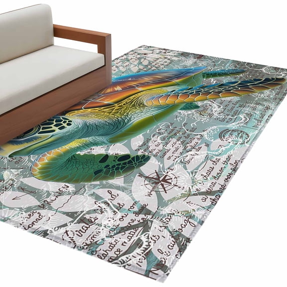 Ocean Turtle Area&nbsp;Rug 3x5ft Nautical Retro Illustration Map Texture Non-Slip&nbsp;Washable Square&nbsp;Rugs Soft Felt Indoor Floor Mat for Bedroom Kitchen Living Room Bathroom