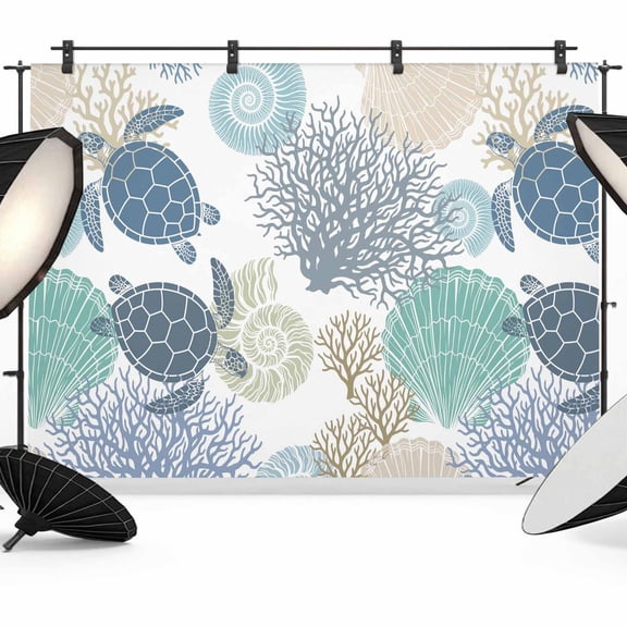 Ocean Turtle Backdrop for Photography,Fabric Photo Background Backdrop,Nautical Sea Coral Conch Shells Watercolor Photo Booth Background for Portrait Photoshoot Video Wedding Studio Banner 10x8ft