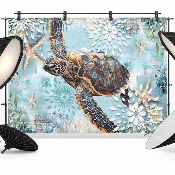 Ocean Turtle Backdrop for Photography, Nautical Retro Beige Starfish Sealife Photo Backdrop Portrait Background Party Banner Photo Backgrounds for Studio Booth Props, 7x5ft