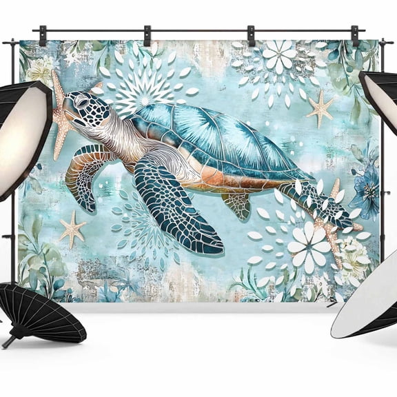 Ocean Turtle Backdrop for Photography, Nautical Retro Blue Starfish Sealife Photo Backdrop Portrait Background Party Banner Photo Backgrounds for Studio Booth Props, 7x5ft