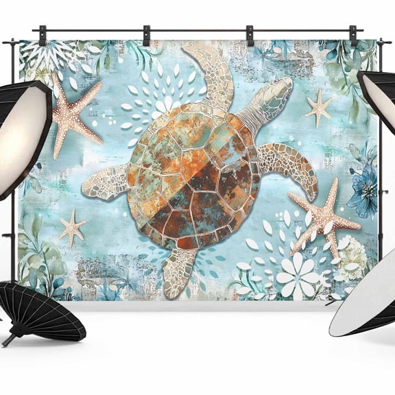 Ocean Turtle Backdrop for Photography, Retro Blue Nautical Starfish Sealife Photo Backdrop Portrait Background Party Banner Photo Backgrounds for Studio Booth Props, 7x5ft
