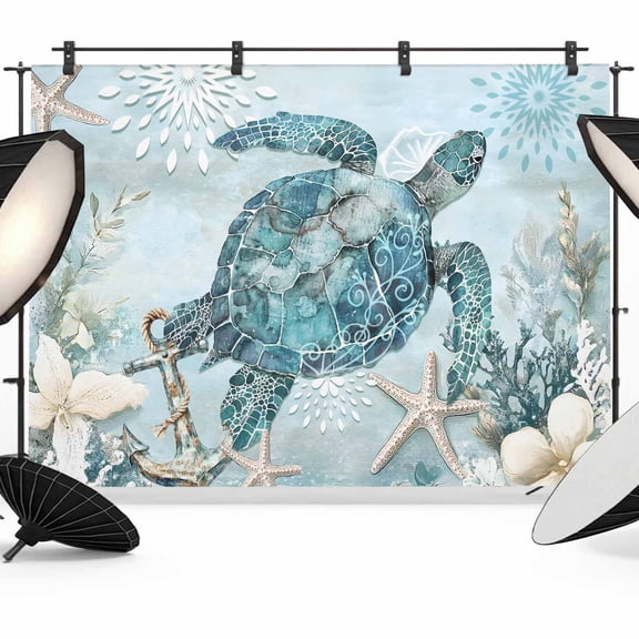 Ocean Turtle Backdrop for Photography, Retro Marine Life Starfish Coral Abstract Photo Backdrop Portrait Background Party Banner Photo Backgrounds for Studio Booth Props, 12x8ft