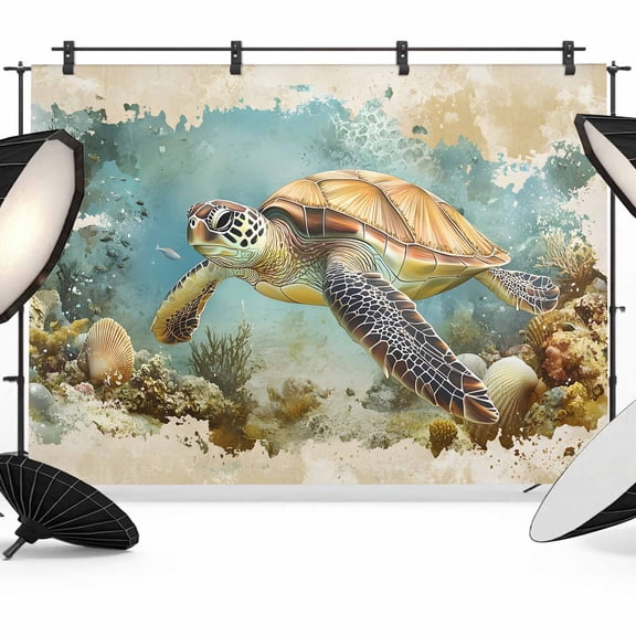 Ocean Turtle Backdrop for Photoshoot,Photography Photo Studio Background Wall Backdrop,Coastal Coral Illustration Retro Painting Back Drop Banner Panel for Portraits Wedding Live Streaming 8x6Ft