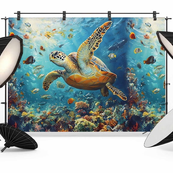 Ocean Turtle Backdrop for Photoshoot,Photography Photo Studio Background Wall Backdrop,Summer Beach Underwater Coral Fish Sea Back Drop Banner Panel for Portraits Wedding Party Live Streaming 7x5Ft