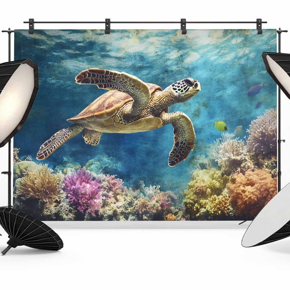 Ocean Turtle Backdrop for Photography, Coral Retro Photo Backdrop Portrait Background Party Banner Photo Backgrounds for Studio Booth Props, 10x8ft
