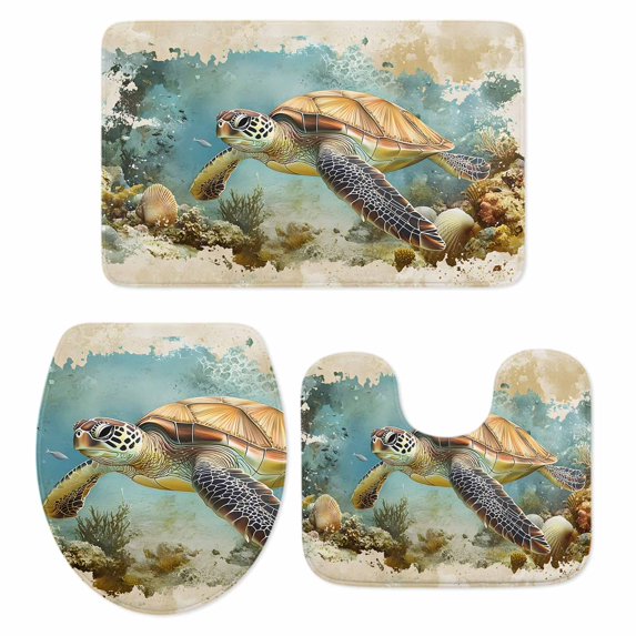 Ocean Turtle Bath Mat 3 Piece Bathroom Rug Set, Coastal Coral Illustration Retro Painting Non Slip Bath Rug Contour Mat and Toilet Lid Cover, Absorbent Shower Mats Soft Bath Rugs and Mats Sets