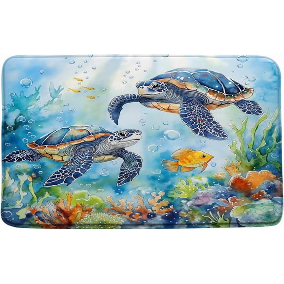 Ocean Turtle Bath Mat Blue Sea Animal Nautical Bathroom Kitchen Runner Rug 16x24 Inch Blue