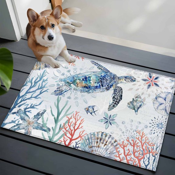 Ocean Turtle Bathroom Mat 2x3 FT, Non Slip Small Kitchen Mat, Summer Coastal Coral Flower Shells Washable Backed Front Door Throw Rug Non-Shedding Indoor Outdoor Doormat for Entryway Sink