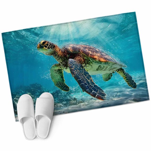 Ocean Turtle Bathroom Rug Washable 2x3 Entryway Rug Non Slip Tropical Coastal Animals Underwater Sunshine Front Door Mat Low Pile Indoor Doormat Throw Floor Carpet for Kitchen Bedroom Entrance