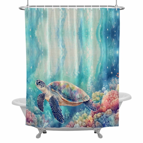 Ocean Turtle Bathroom Shower Curtain, Nautical Watercolor Blue Sea Coral Starfish Bubble Linen Waterproof Washable Soft Bath Curtain for Bathtub Decor with 12 Hooks&Grommet, 36x72 Inch