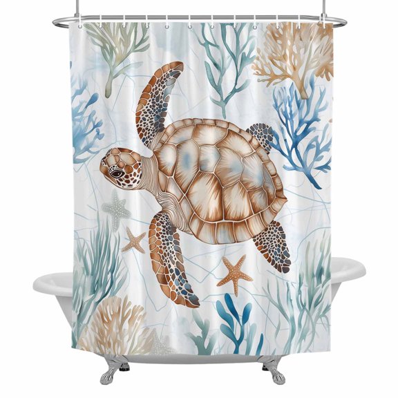 Ocean Turtle Bathroom Shower Curtain, Seaweed Coral Sea Watercolor Waterproof Washable Soft Bath Curtain for Bathtub Decor with 12 Hooks&Grommet, 36x78 Inch