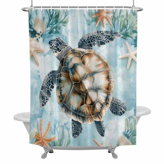 Ocean Turtle Bathroom Shower Curtain, Shell Seaweed Starfish Watercolor Waterproof Washable Soft Bath Curtain for Bathtub Decor with 12 Hooks&Grommet, 36x78 Inch