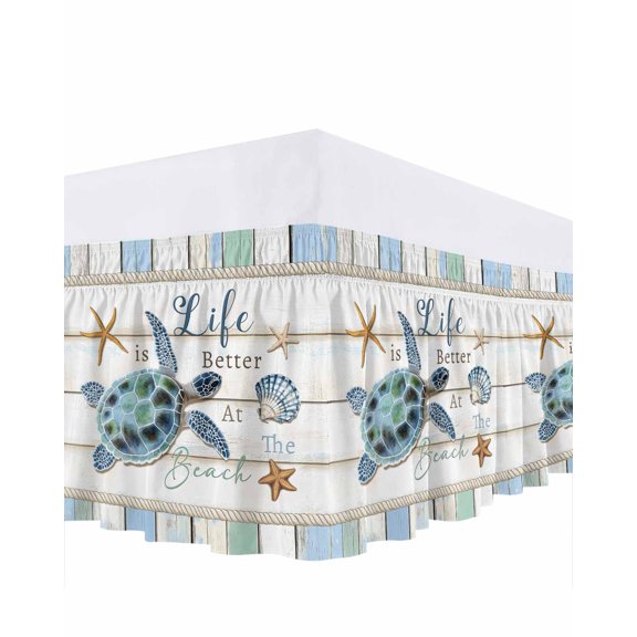 Ocean Turtle Bed Skirt Queen Size, Coastal Blue Starfish Shell Conch Wood Grain Wrap Around Bed Skirting with Adjustable Elastic Strap, Dust Ruffle Pleated Bedskirts 16 Inch Drop for Bedroom Beds