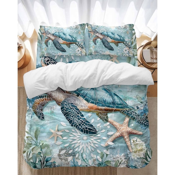 Ocean Turtle Bedding Duvet Cover Set Full Size 4 Pieces Nautical Retro Blue Starfish Sealife Bedding Set with Zipper Closure, 1 Comforter Cover 86x86 Inches 1 Flat Sheet & 2 Pillow Cases
