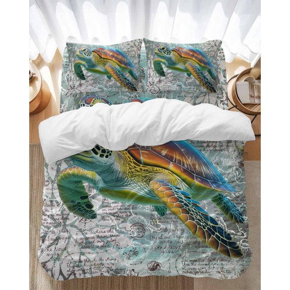 Ocean Turtle Bedding Duvet Cover Set Queen Size 4 Pieces Nautical Retro Illustration Map Texture Bedding Set with Zipper Closure, 1 Comforter Cover 90x90 Inches 1 Flat Sheet & 2 Pillow Cases