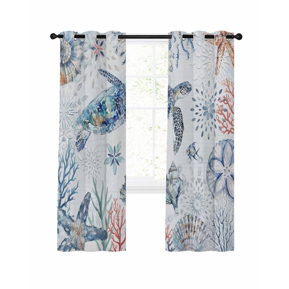 Ocean Turtle Blackout Curtains 39 Inches Long for Bedroom, Summer Coastal Coral Flower Shells Thermal Insulated Room Darkening Black Out Window Curtain Panels Grommet Drapes for Living Room