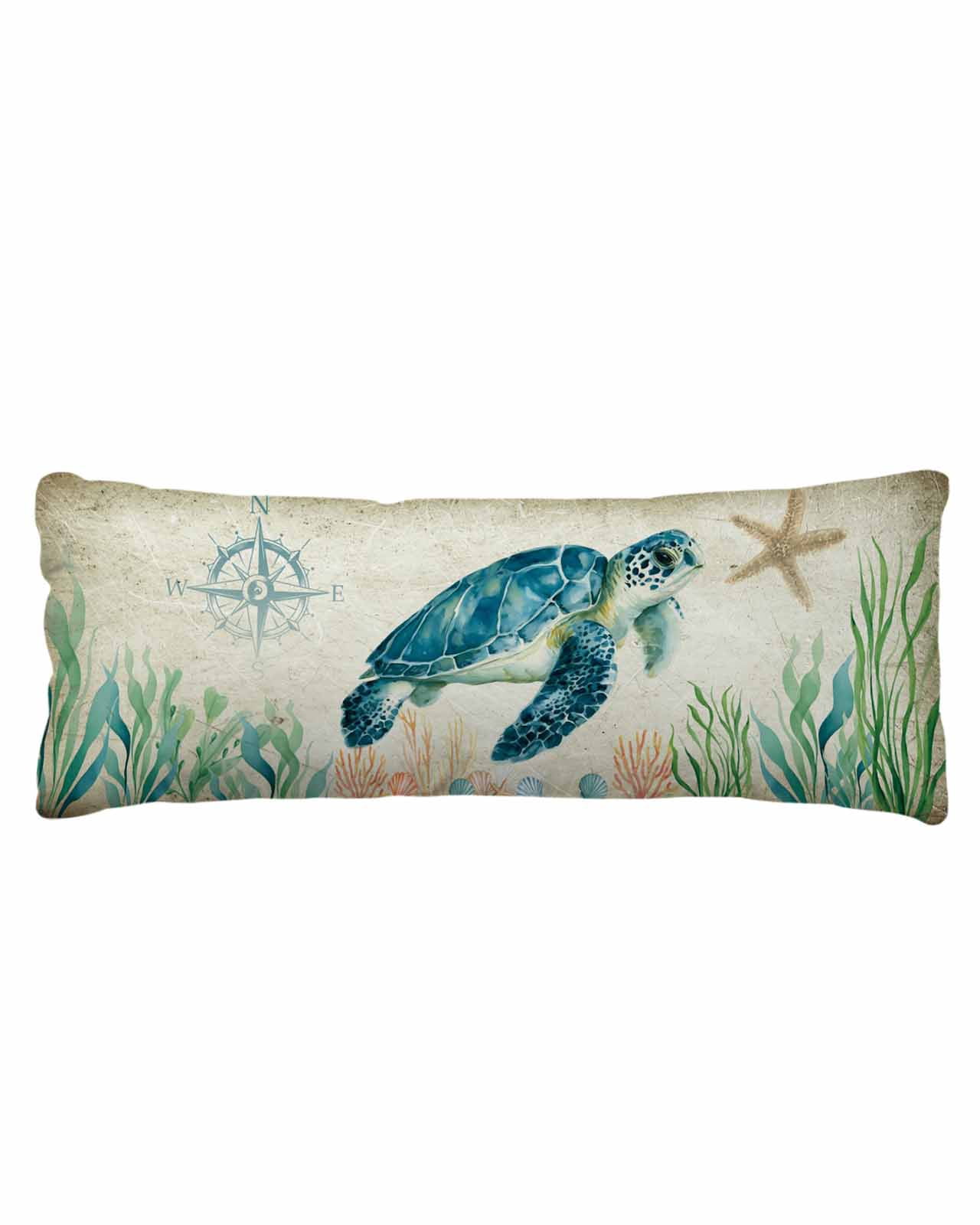 Ocean Turtle Body Pillow Cover 20 x 54 Inch Decorative Pillow Cover Coast Starfish Compass Coral Green Seagrass Lumbar Pillowcase Seasonal Rectangle Cushion Case for Couch Sofa Bed Living Room