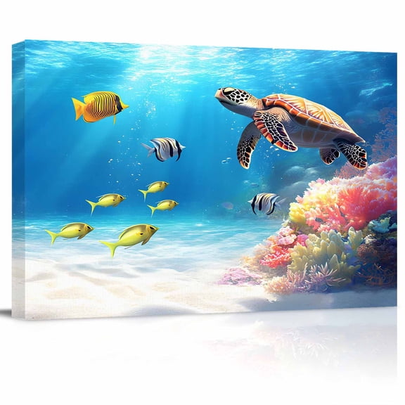 Ocean Turtle Canvas Print Wall Art Nautical Colorful Sea Turtle Fish Coral Sunlight Bubble Pictures Painting Morden Artwork for Living Room Bedroom, Ready to Hang - 12"x16"