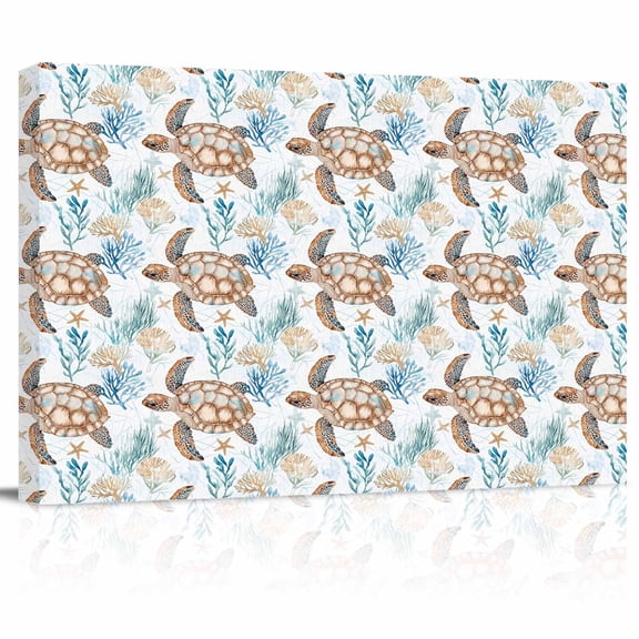 Ocean Turtle Canvas Print Wall Art Shell Starfish Seaweed Watercolor Pictures Painting Morden Artwork for Living Room Bedroom, Ready to Hang - 12"x16"