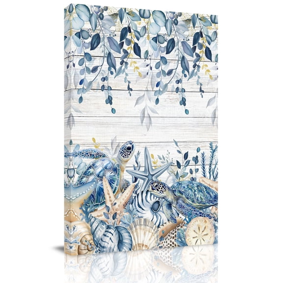 Ocean Turtle Canvas Wall Art for Living Room, Retro Sea Stars Shells Blue Leaf Wood Grain Wall Decor Framed Artwork Pictures Ready to Hang for Bedroom Office Home Decor
