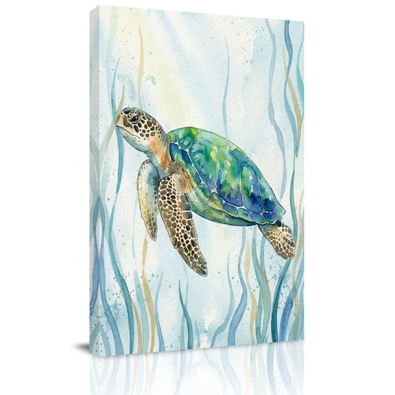 Ocean Turtle Canvas Wall Art for Living Room, Vintage Nautical Coastal Sea Watercolor Blue Green Seaweed Poster Print Painting for Bedroom Office Home Decoration Wall Pictures Prepare To Hang 16"x24"
