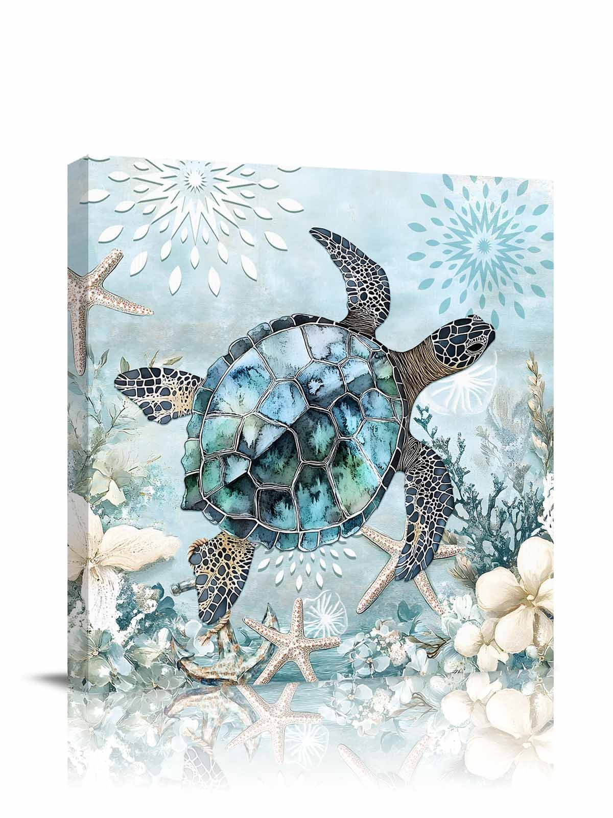 Ocean Turtle Canvas Wall Art, Marine Life Starfish Coral Retro Framed Wall Decor Modern Artwork Prints Painting for Living Room, Bedroom, Kitchen & Cafe Decor 16x16 Inch