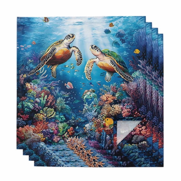 Ocean Turtle Cloth Napkins, Sea Coral Underwater Animal Fish Blue Washable and Reusable Dinner Napkins Set of 4, Table Napkin for Kitchen Party Birthday Wedding Hotel Housewarming 20"x20"