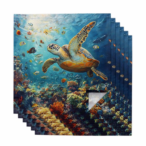 Ocean Turtle Cloth Napkins, Summer Beach Underwater Coral Fish Sea Washable and Reusable Dinner Napkins Set of 6, Table Napkin for Kitchen Party Birthday Wedding Hotel Housewarming 20"x20"