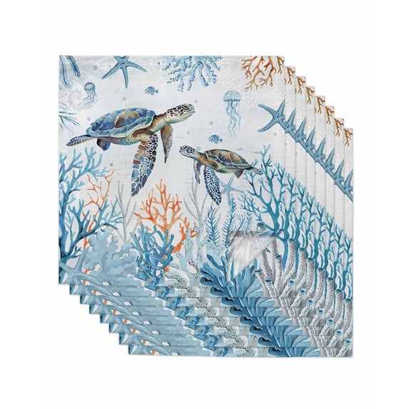 Ocean Turtle Cloth Napkins Washable Set of 8, Blue Coastal Coral Starfish Seagrass Reusable Dinner Table Napkins Cloth Bulk for Weddings Kitchen Restaurants Hotel Events Parties 20 x 20 Inch
