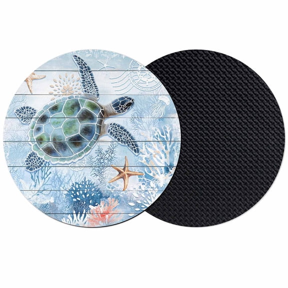 Ocean Turtle Coasters Set of 2, Blue Coral Coastal Starfish Nautical Shell Absorbent Coasters for Drinks, Coaster for Bar Office Dining Coffee Table Accessories Decor, Non Slip Round Desk Coaster